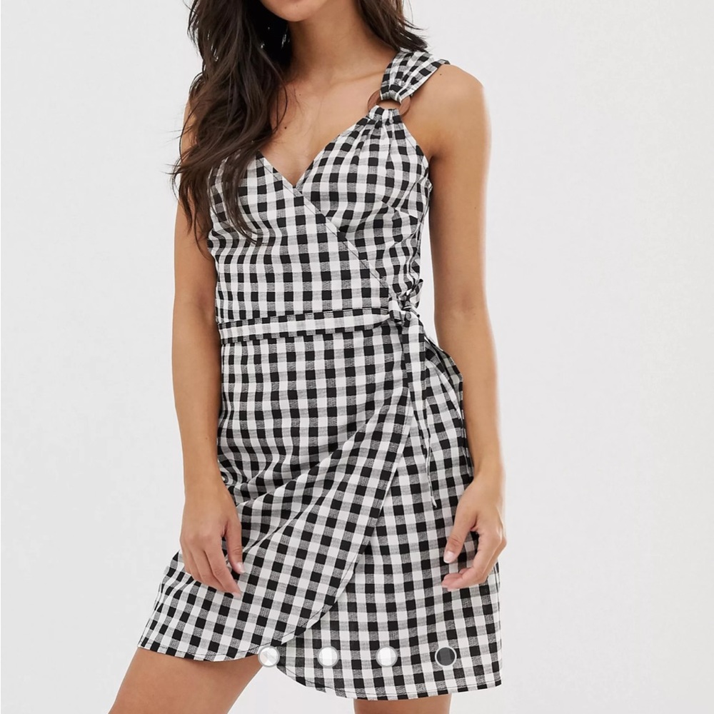 ASOS DESIGN Petite linen wrap mini sundress with wooden rings in mono gingham